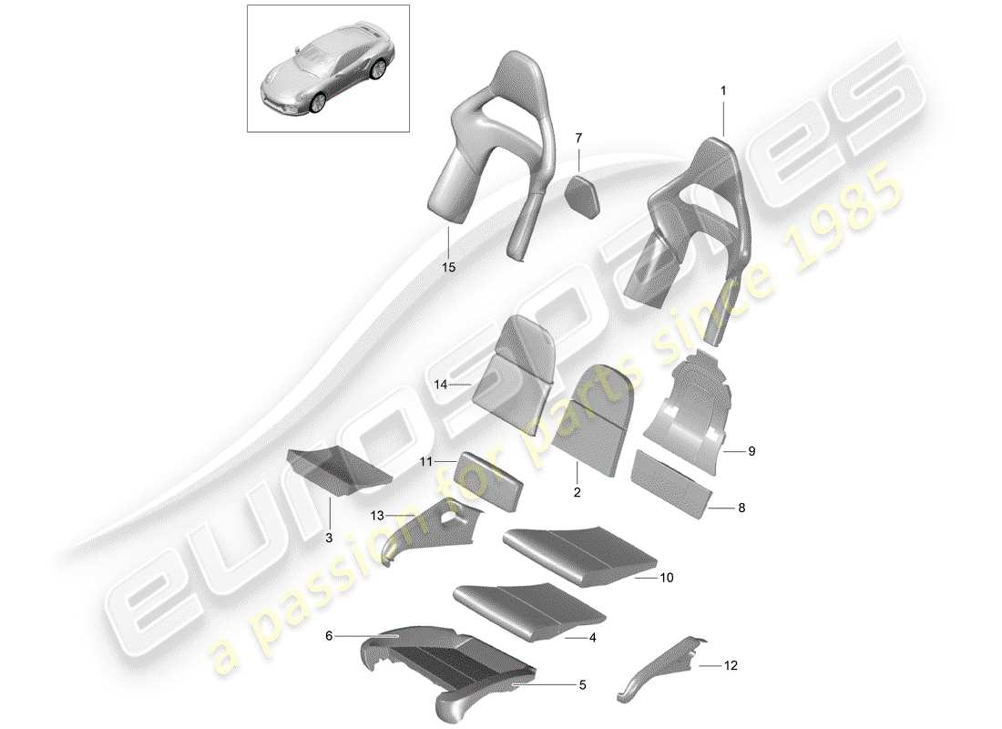 porsche 991 turbo (2020) diagrama de piezas de la pieza de espuma