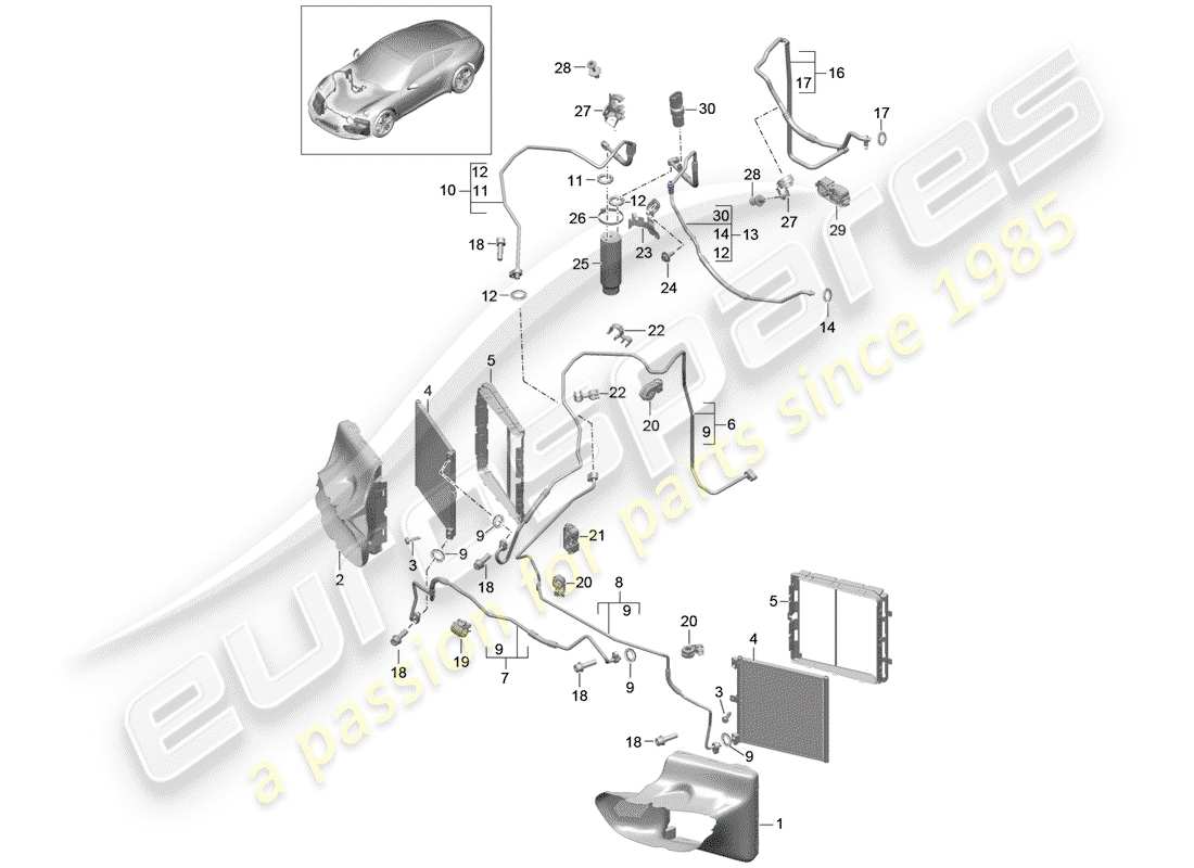 porsche 991 (2014) circuito refrigerante diagrama de piezas