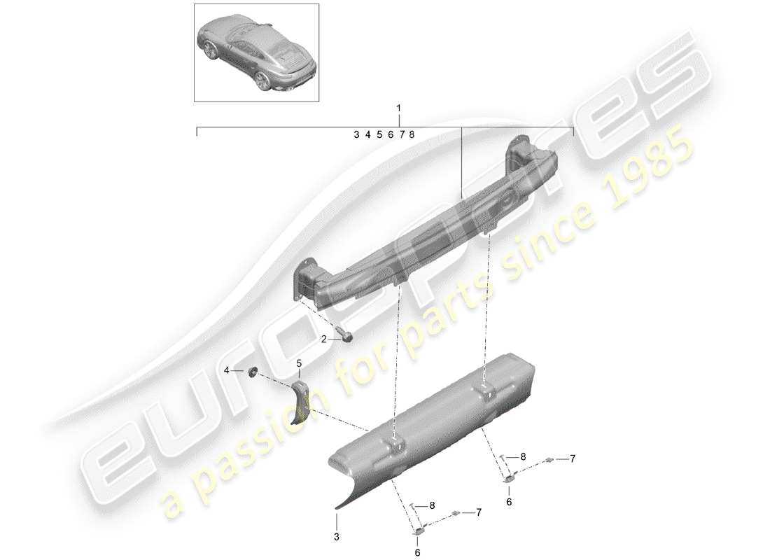 porsche 991 turbo (2019) diagrama de piezas del soporte de parachoques