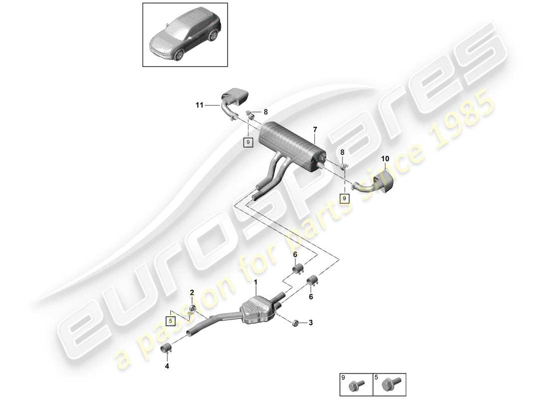 porsche 2019 (cayenne e3 9ya/9yb) sistema de escape diagrama de piezas