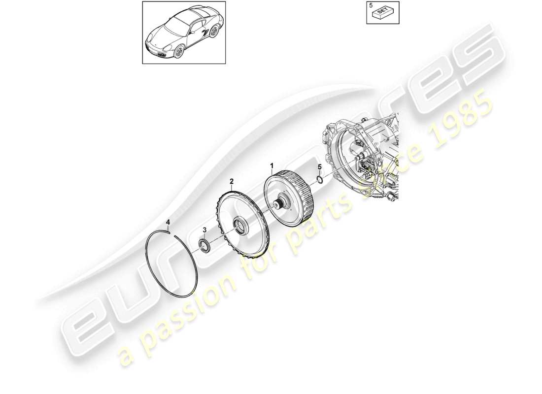 porsche 2010 (987 cayman) - pdk - diagrama de piezas del embrague de la caja de cambios para caja de cambios de doble embrague