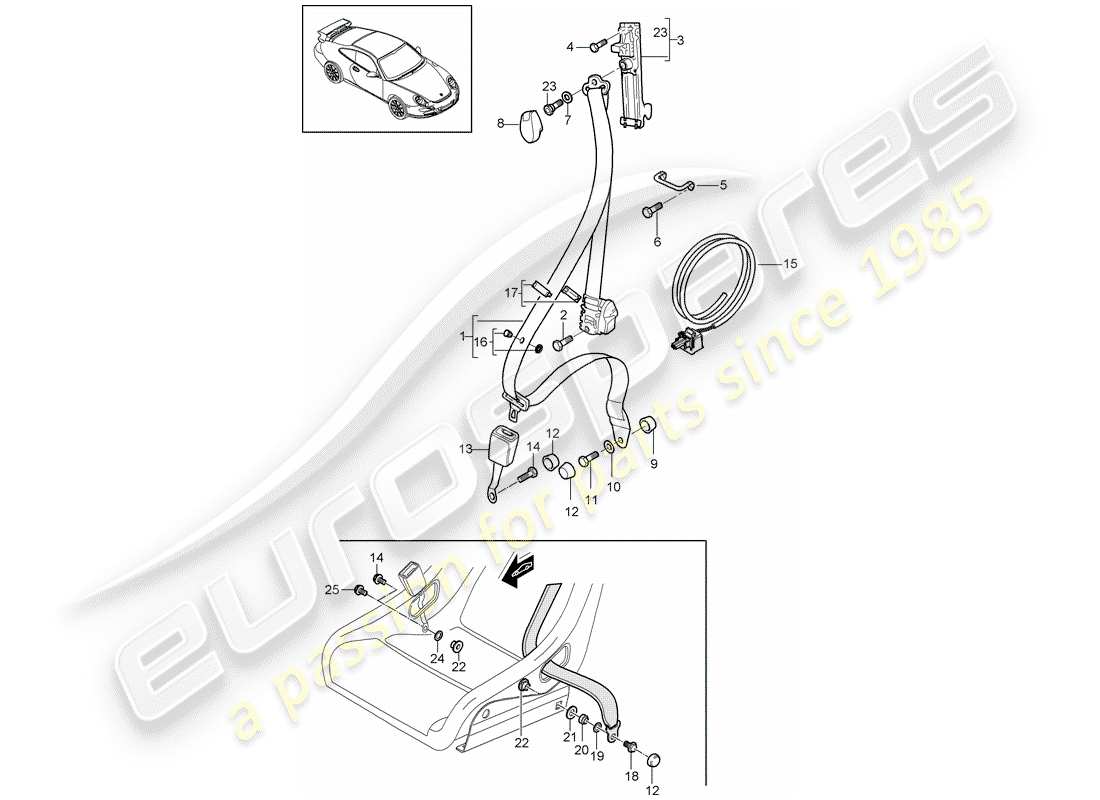 porsche 2007 (997-1 gt3) diagrama de piezas del cinturón de seguridad