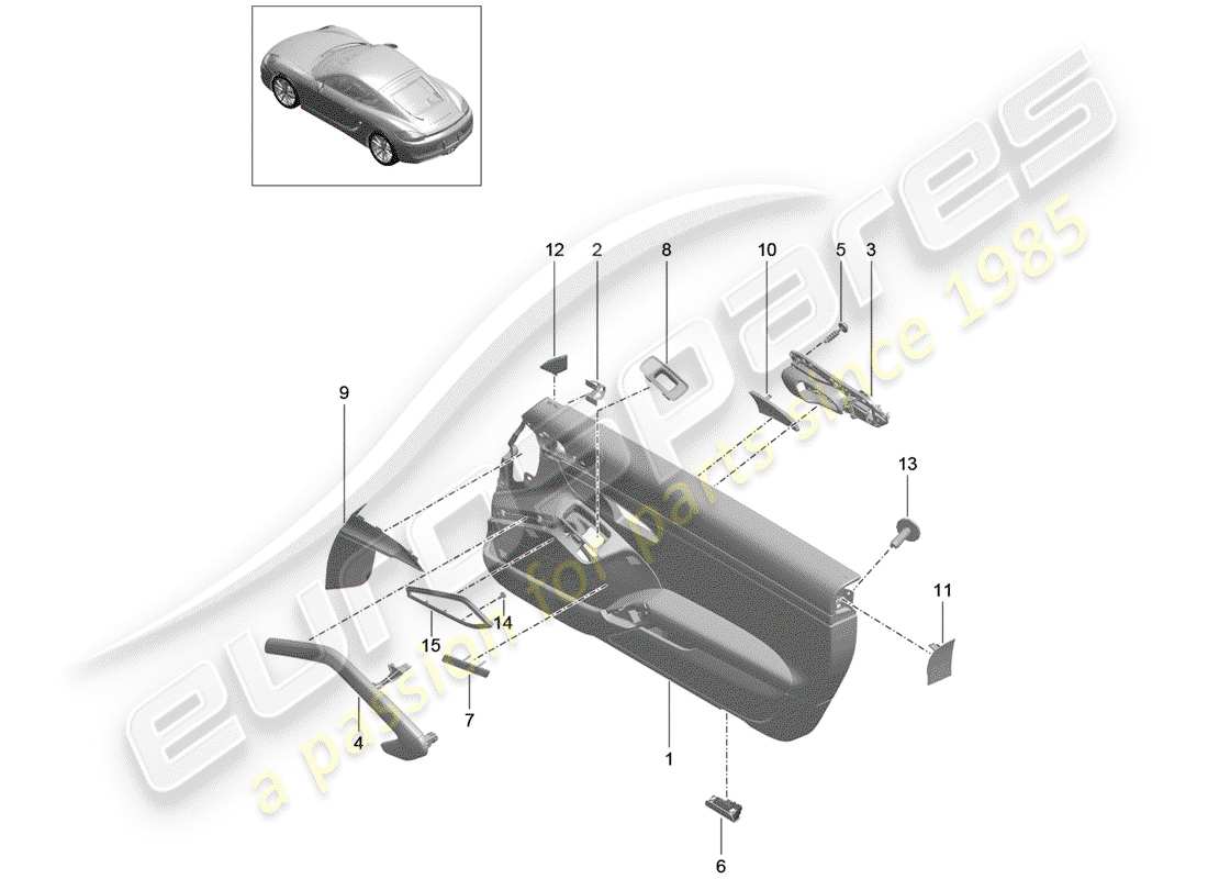 porsche 2015 (981 cayman) diagrama de piezas del panel de puerta