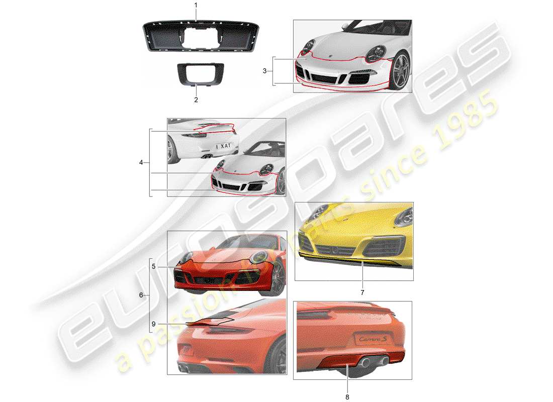 porsche 2017 (tequipment 98x/99x) paquete de diseño deportivo diagrama de piezas
