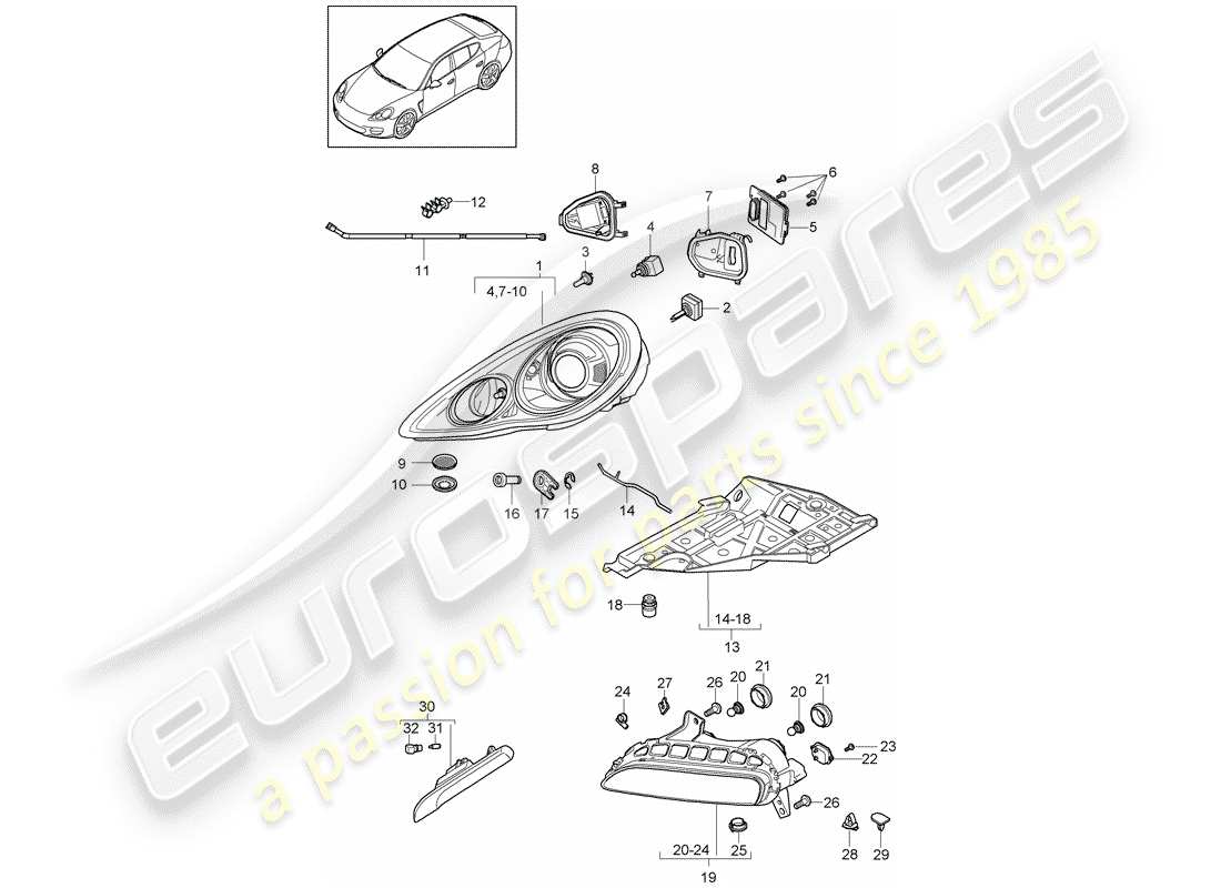porsche 2011 (panamera 970) diagrama de piezas del faro