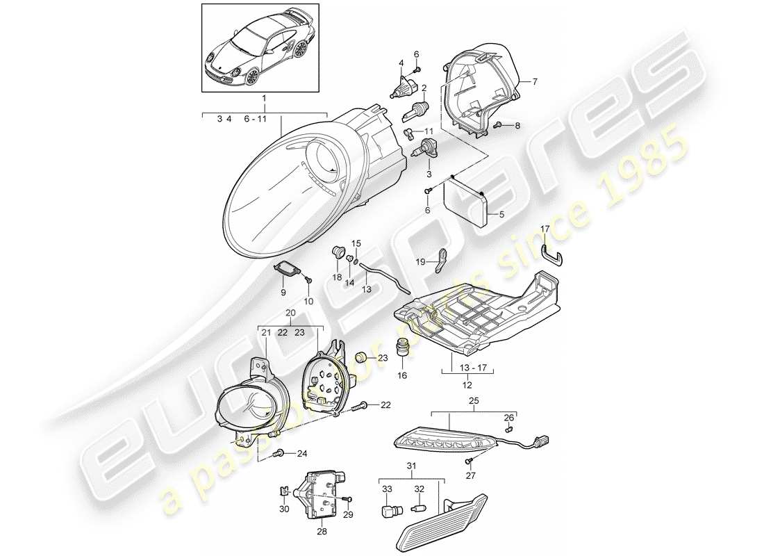porsche 2012 (997-2 turbo / gt2 rs) diagrama de piezas del faro