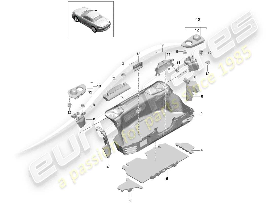 porsche 2017 (718 boxster) forro de bota diagrama de piezas