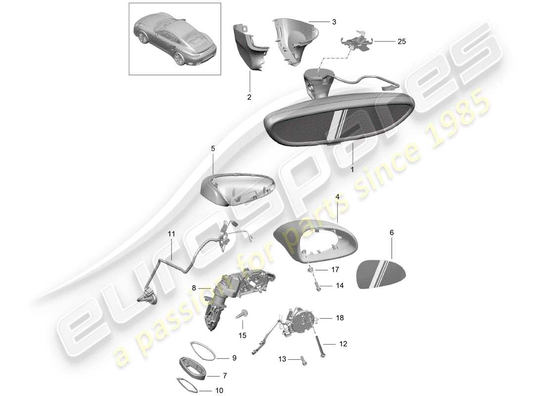 porsche 2020 (991-2 turbo) diagrama de pieza interior del espejo retrovisor