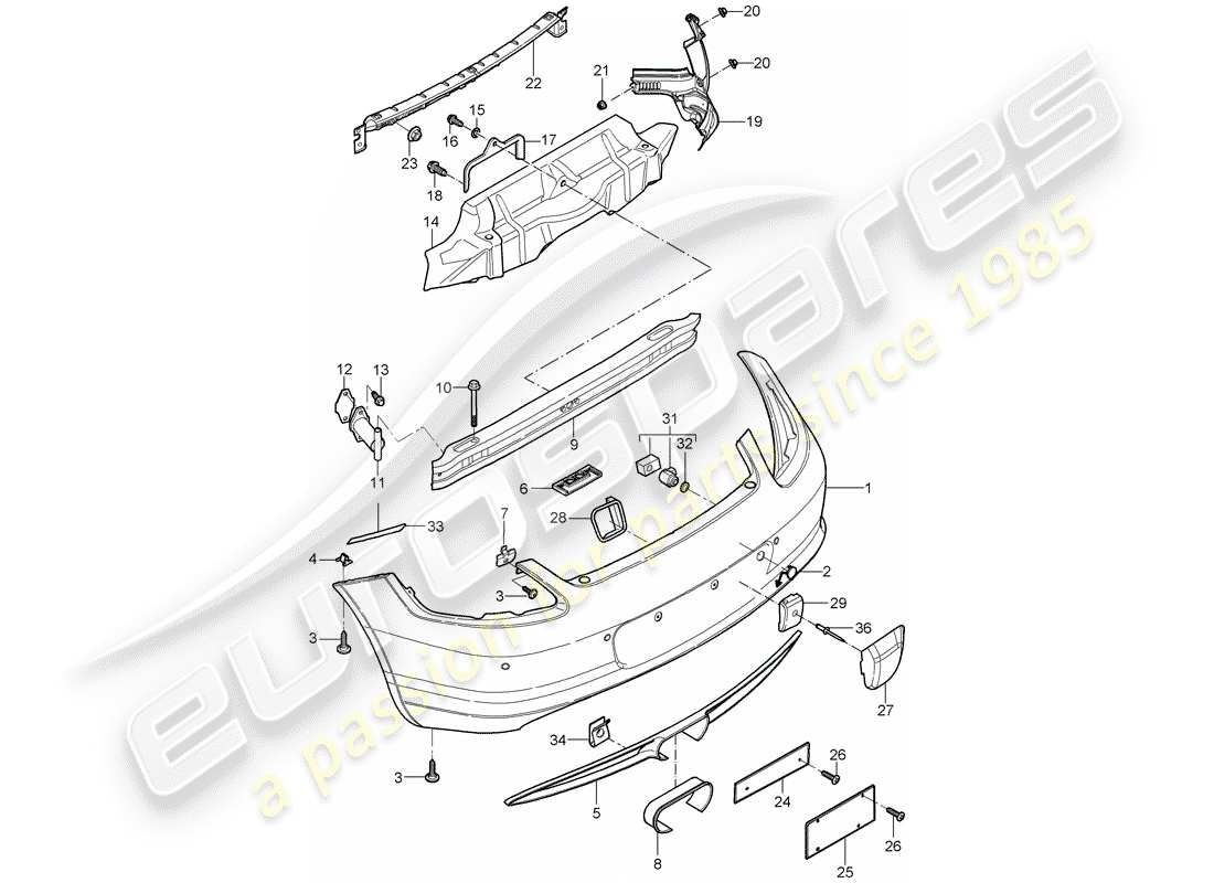 porsche 2007 (987 cayman) diagrama de piezas del parachoques