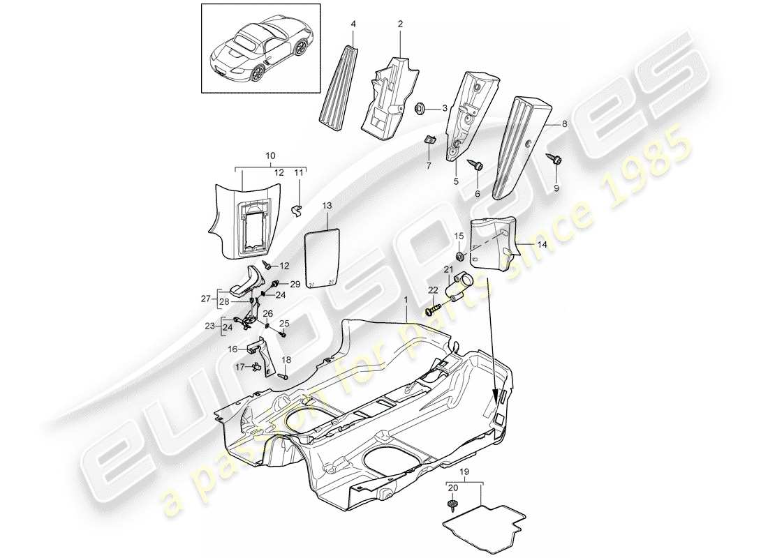 porsche 2011 (987 boxster) equipo interior diagrama de piezas