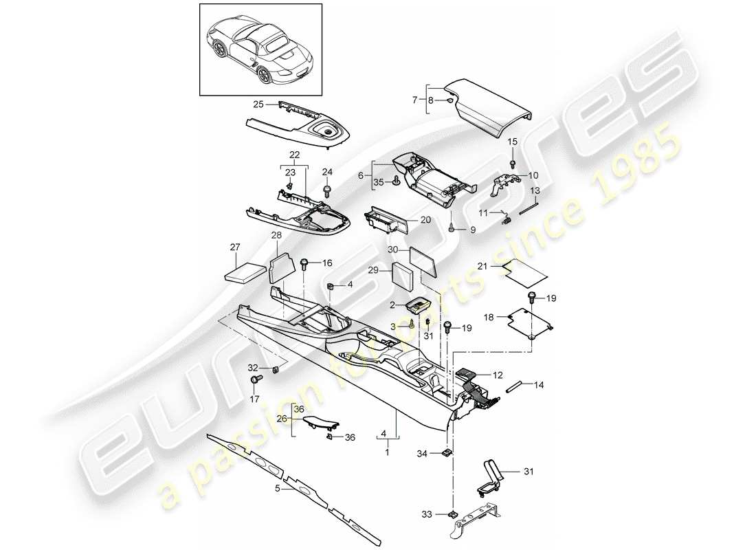 porsche 2010 (987 boxster) diagrama de piezas de la consola central