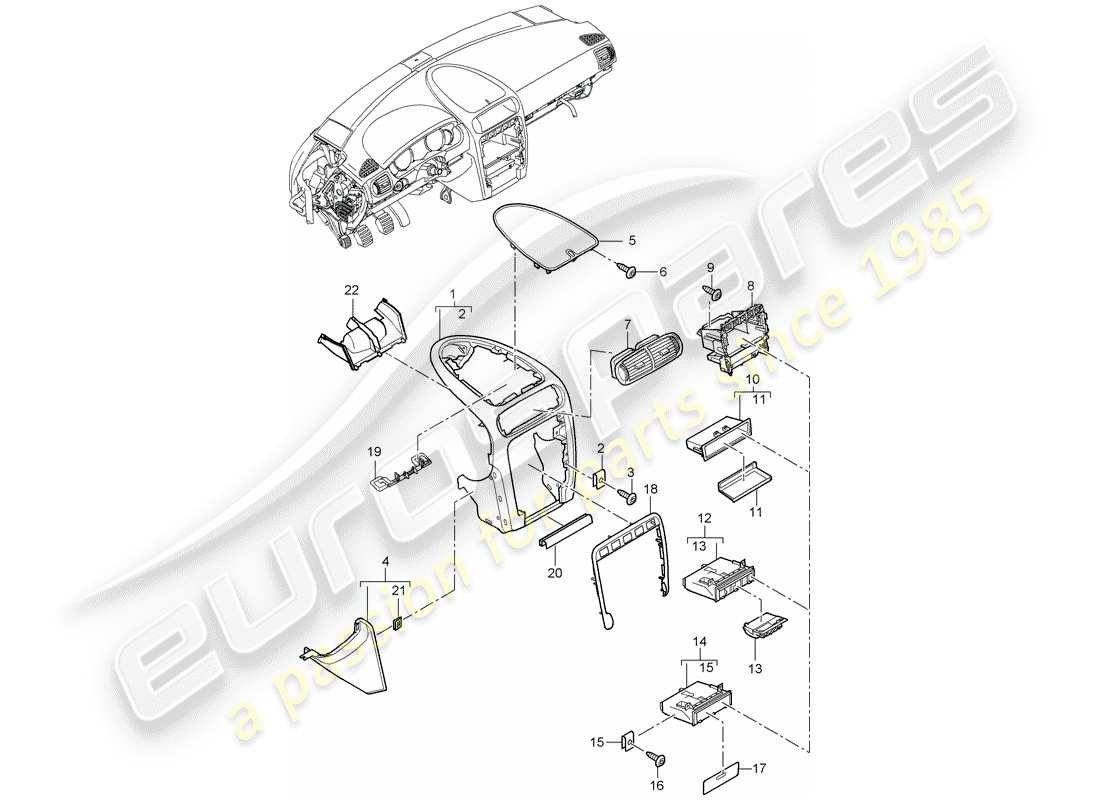 porsche 2003 (cayenne e1 9pa) diagrama de piezas del embellecedor del panel de instrumentos