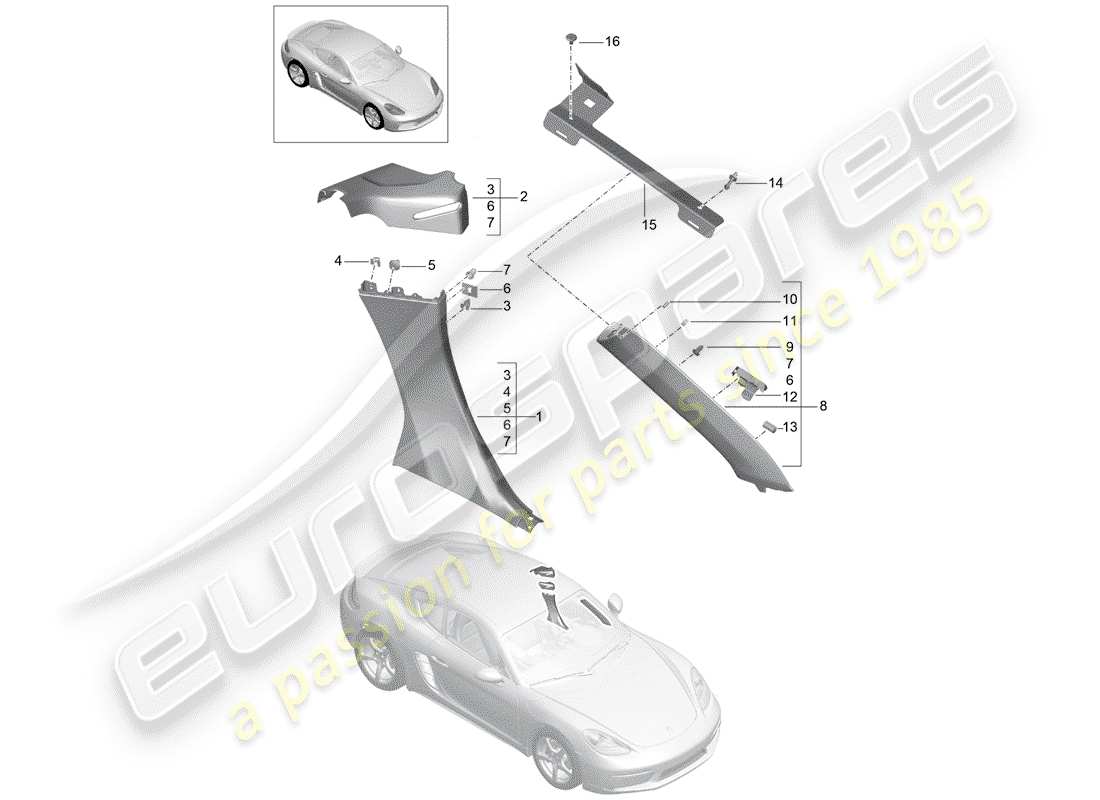 porsche 2020 (718 cayman) diagrama de piezas del panel de acabado cuarto
