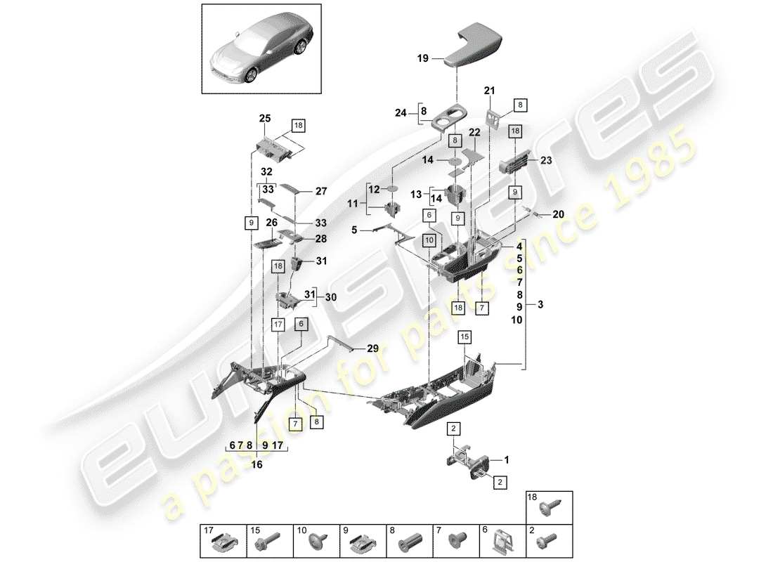 porsche 2020 (panamera 971-1) diagrama de piezas de la consola central