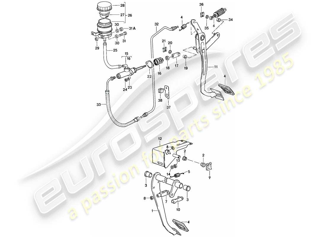 porsche 1988 (944) freno - embrague - pedales diagrama de piezas