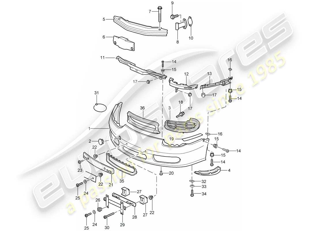 porsche 1998 (986 boxster) parachoque diagrama de piezas