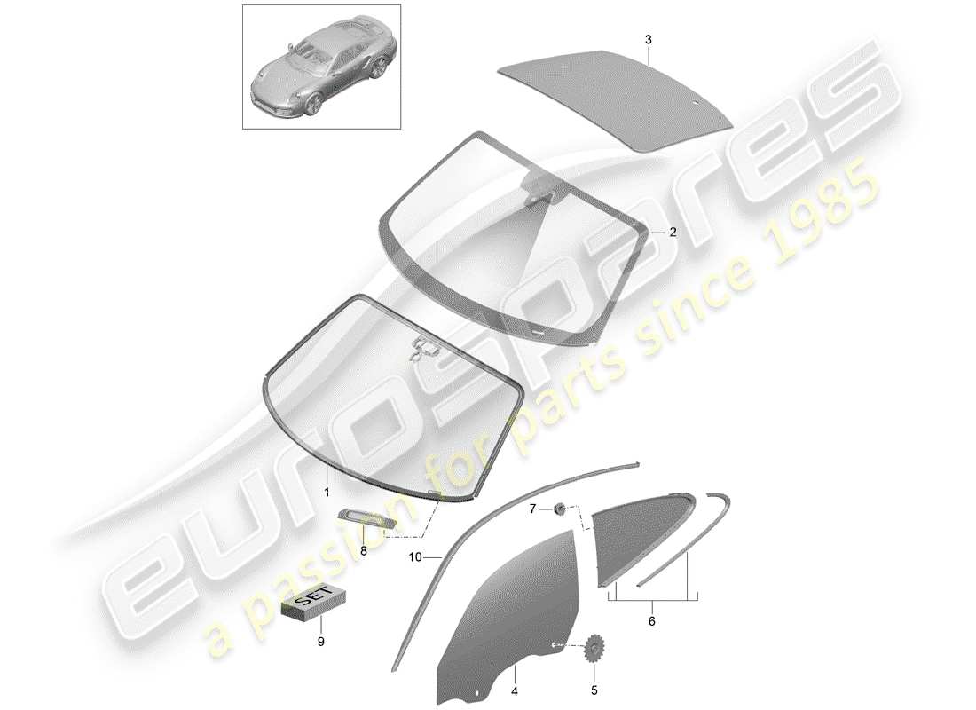 porsche 2020 (991-2 turbo) diagrama de piezas del vidrio del parabrisas
