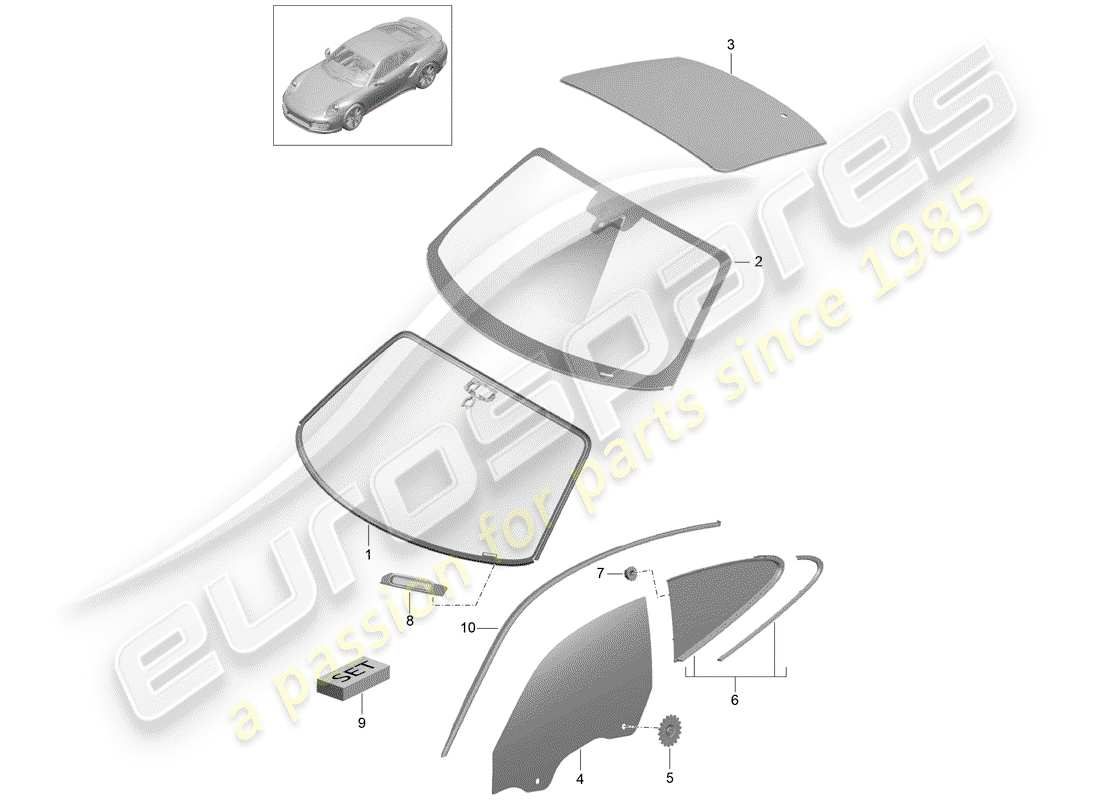 porsche 991 turbo (2020) diagrama de piezas del vidrio del parabrisas