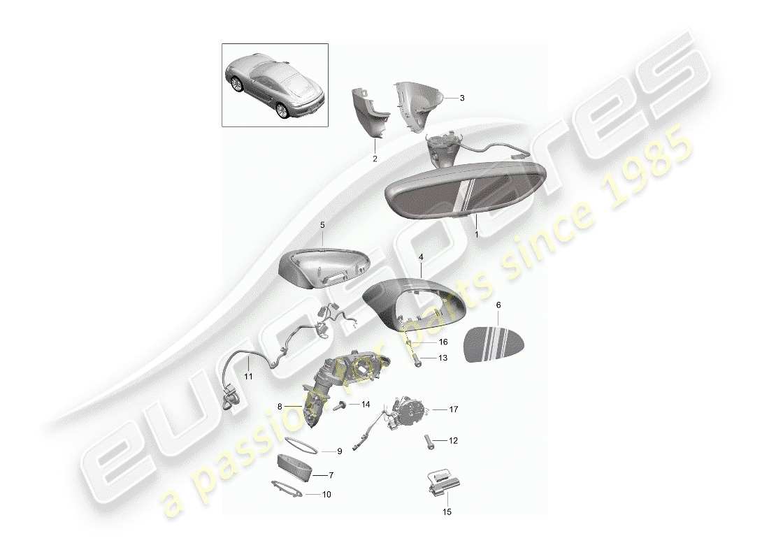 porsche 2015 (981 cayman) diagrama de pieza interior del espejo retrovisor