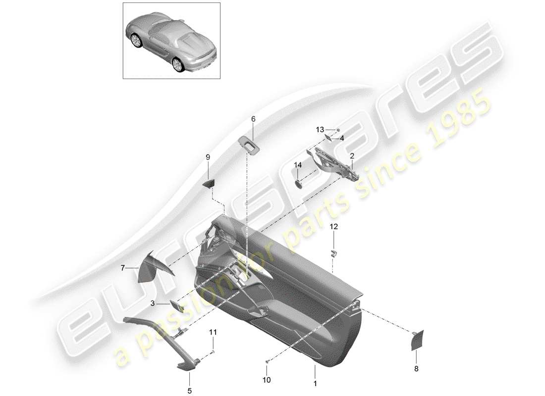 porsche 2016 (981 boxster spyder) panel de la puerta diagrama de piezas