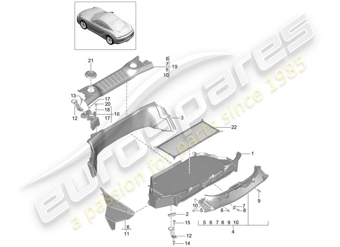 porsche cayman 981 (2015) diagrama de piezas del compartimiento de equipaje