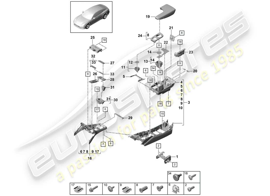 porsche 2018 (panamera 971-1) center console diagrama de piezas