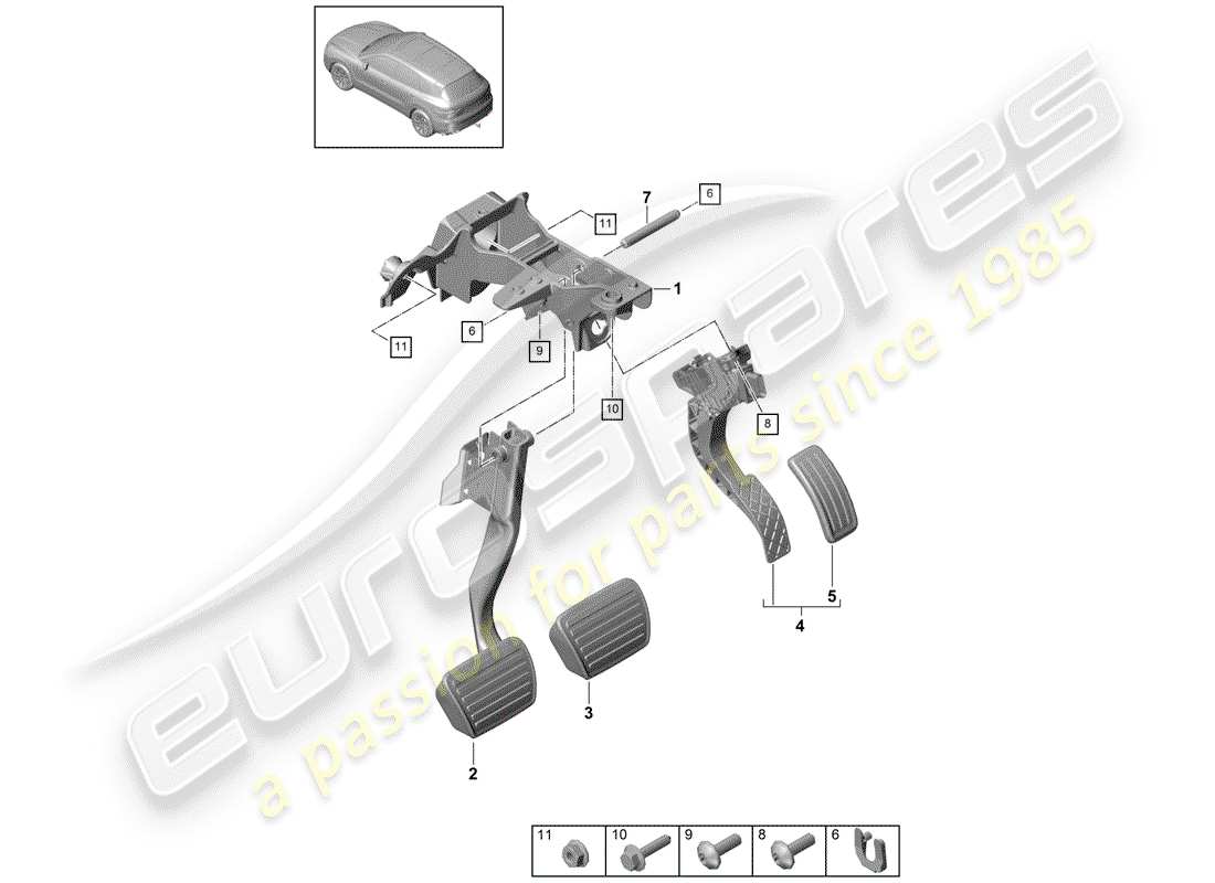 porsche 2019 (cayenne e3 9ya/9yb) freno y acc. diagrama de piezas del conjunto del pedal