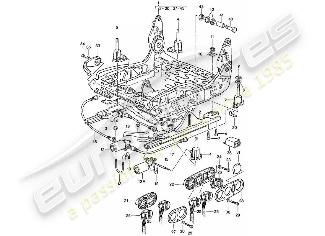 porsche 1983 (928) asiento deportivo - regulable electricamente - estructura para asiento - piezas individuales - d - mj 1985>> esquema de piezas