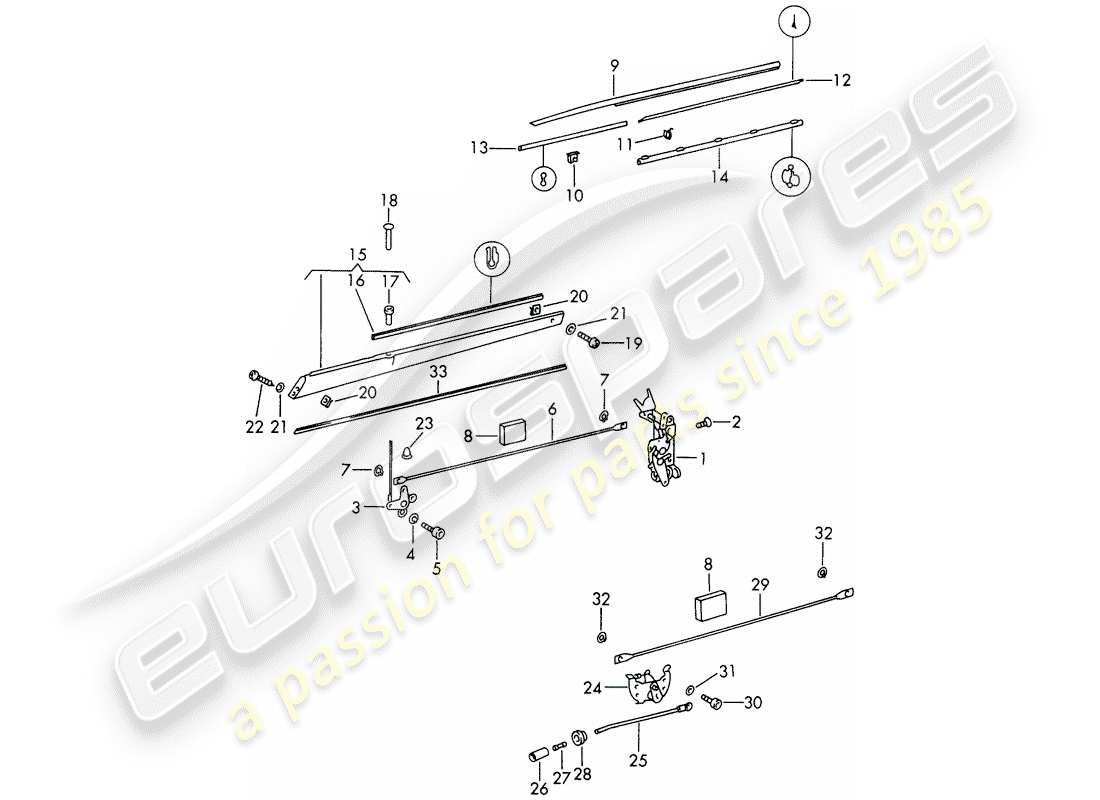 porsche 1967 (911/912) diagrama de piezas del pestillo de la puerta