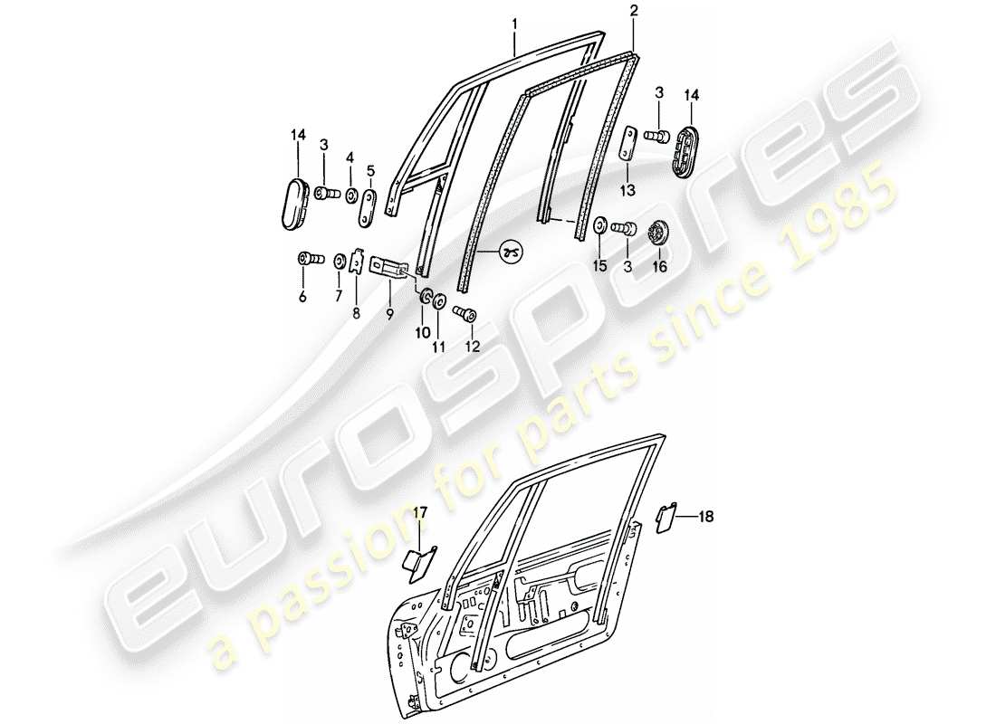 porsche 1987 (911) marco de la ventana diagrama de piezas