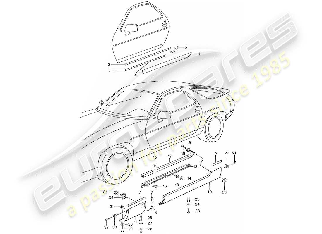 porsche 1987 (928) moldura de larguero diagrama de piezas