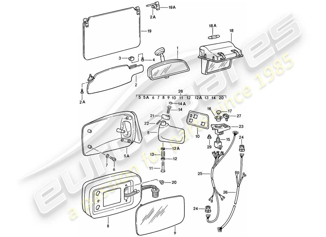 porsche 1983 (928) espejo retrovisor interior - visera solar - espejo retrovisor diagrama de piezas