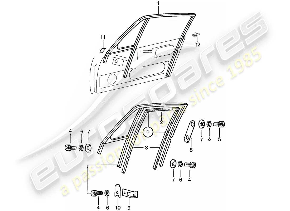 porsche 1986 (911) marco de la ventana diagrama de piezas