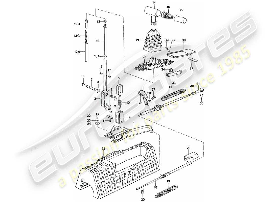 porsche 928 (1985) mecanismo de cambio - para vehículos con - transmisión automática diagrama de piezas
