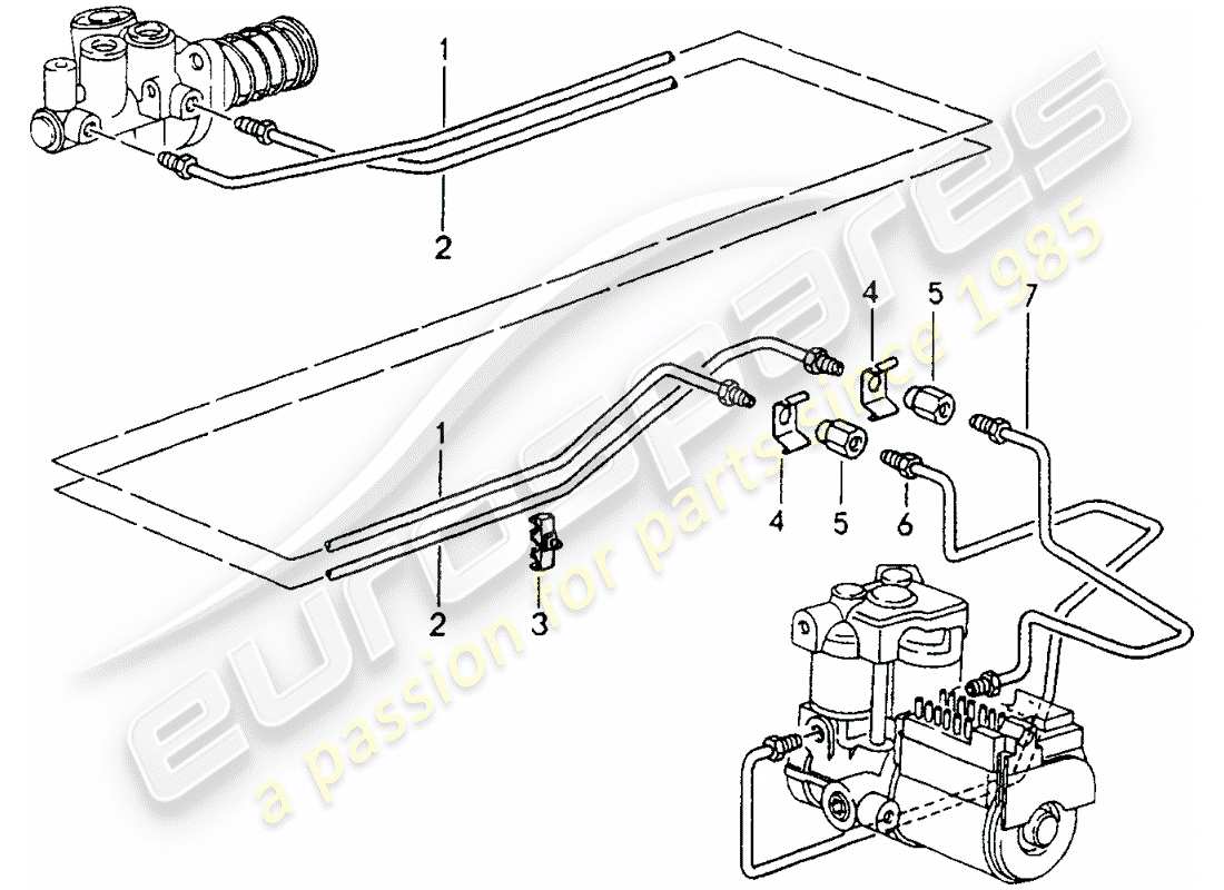 porsche 1990 (964) líneas de freno - extremo delantero diagrama de piezas