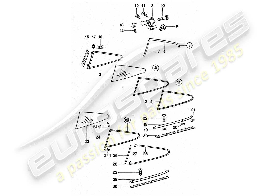 porsche 1977 (911 turbo) acristalamiento de ventanas diagrama de piezas