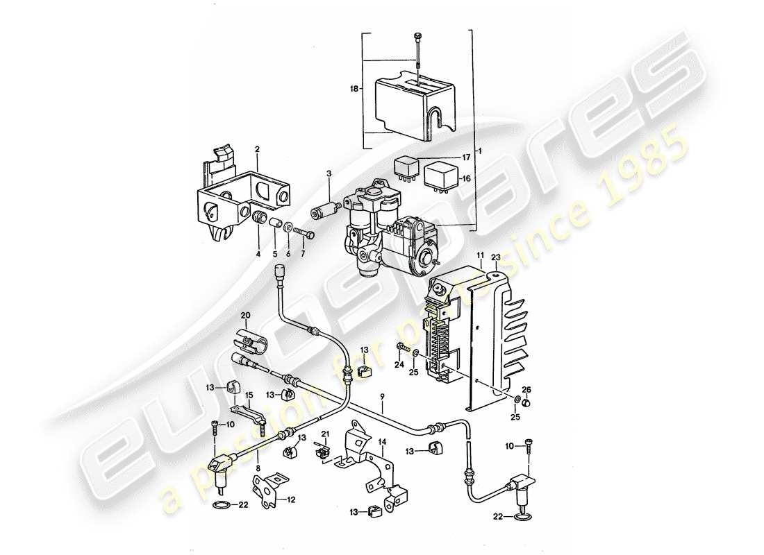 porsche 928 (1993) grupo hidráulico - sensor de velocidad - módulo de control electrónico - sistema de freno antibloqueo -abs- diagrama de piezas