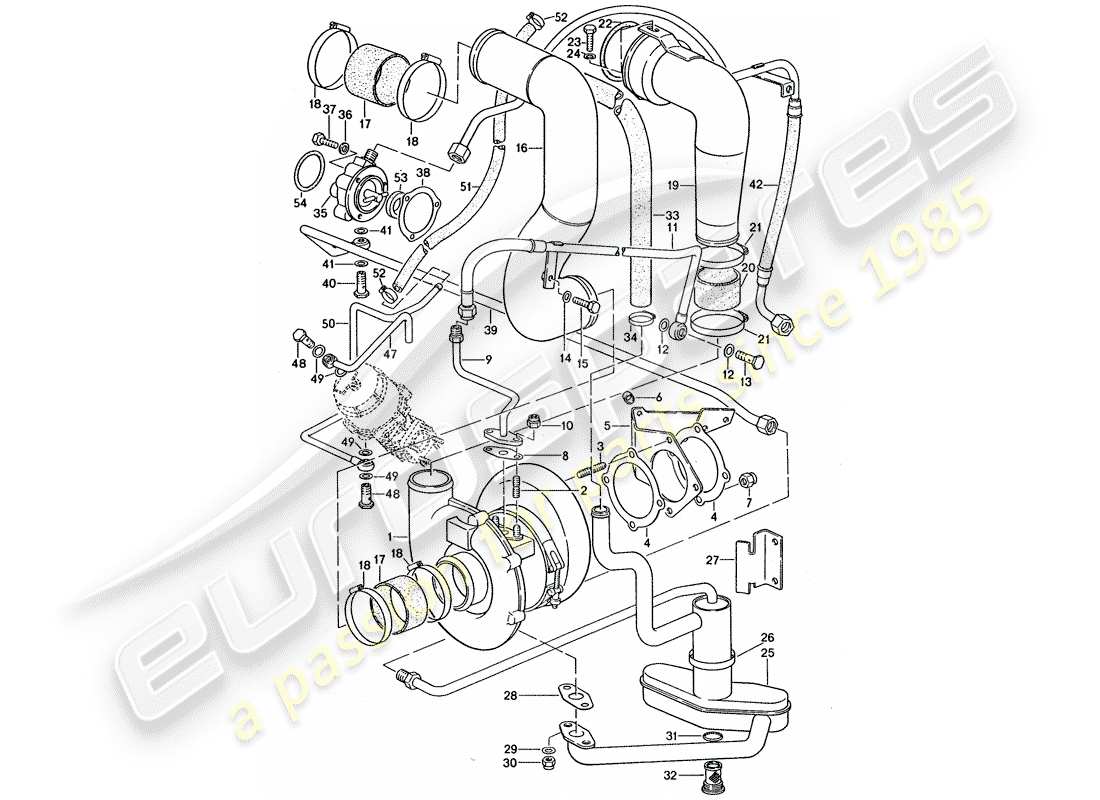 porsche 1975 (911 turbo) turbocompresor de gas de escape y válvula de bypass diagrama de piezas