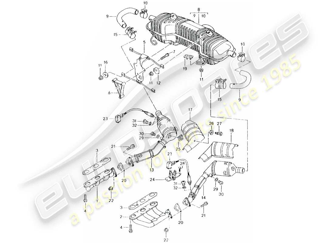 porsche 2004 (986 boxster) sistema de escape - m 96.20 diagrama de piezas