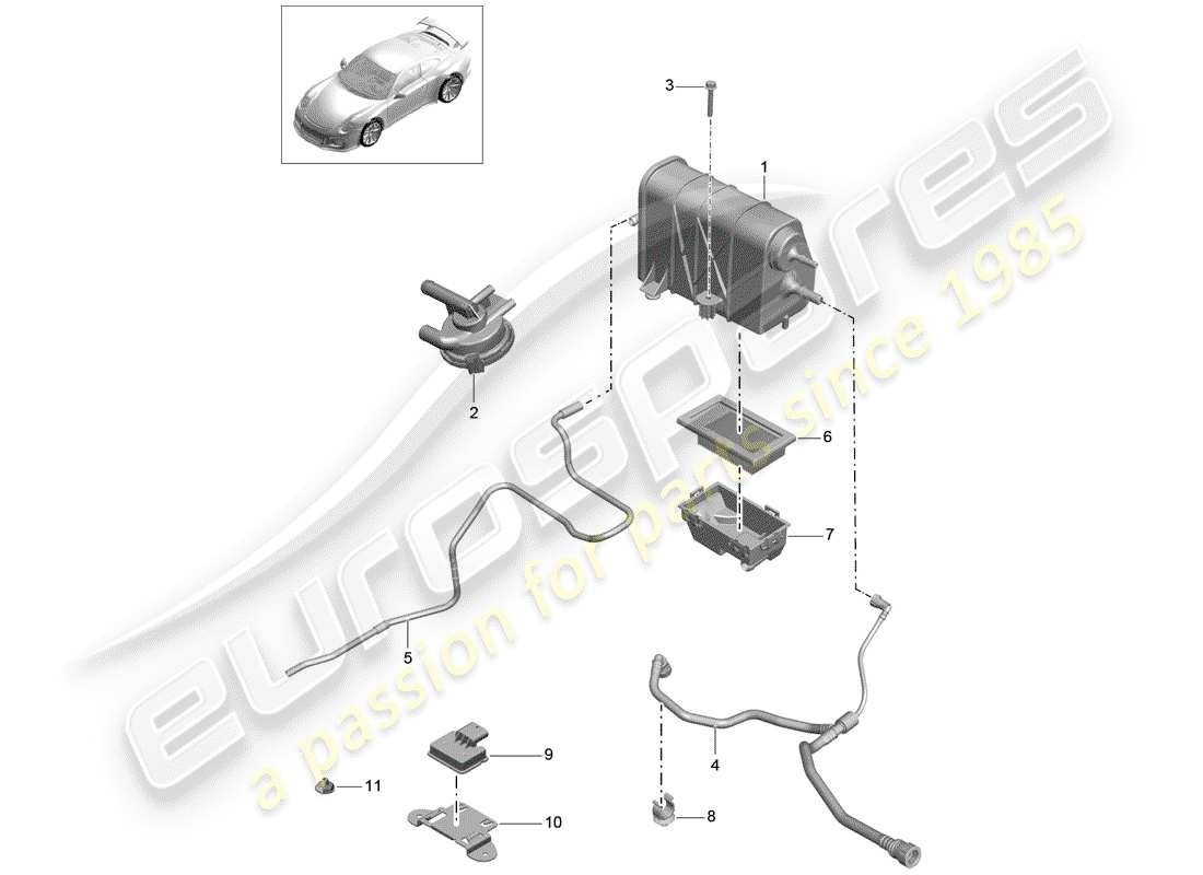 porsche 2015 (991-1 r/gt3/rs) bote de emisiones evaporativas diagrama de piezas