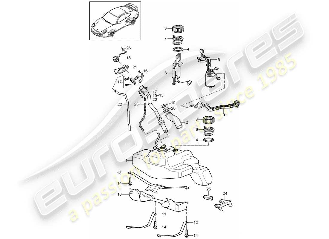 porsche 2012 (997-2 turbo / gt2 rs) diagrama de piezas del tanque de combustible