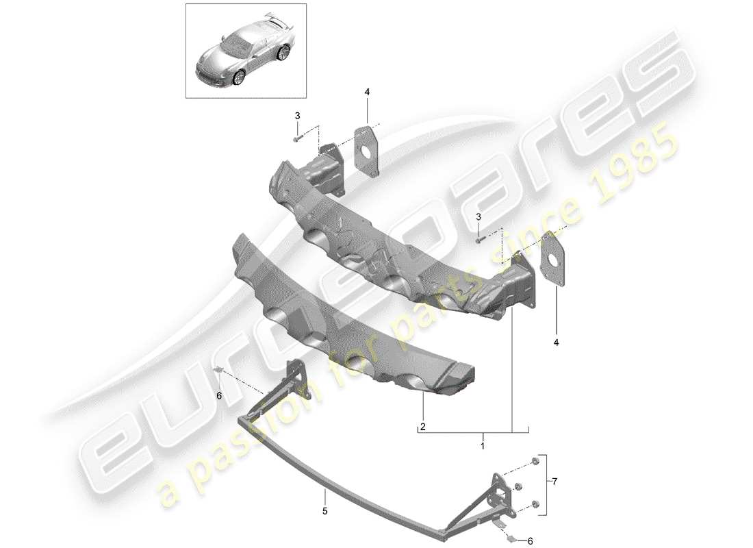 porsche 2017 (991-2 r/gt3/rs) diagrama de piezas del soporte de parachoques