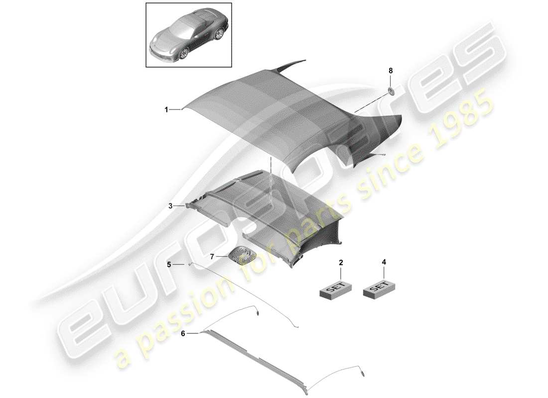 porsche 2020 (991-2 r/gt3/rs) cubierta de capota convertible diagrama de piezas