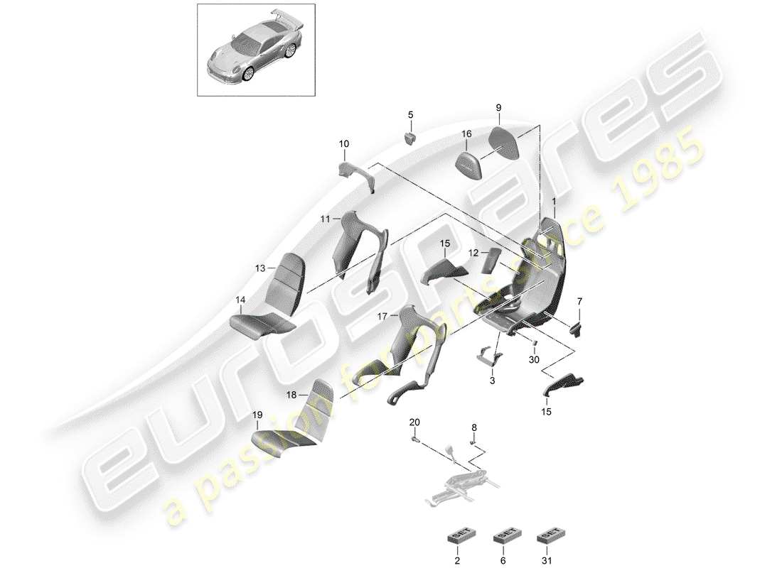 porsche 991 turbo (2020) asiento diagrama de piezas