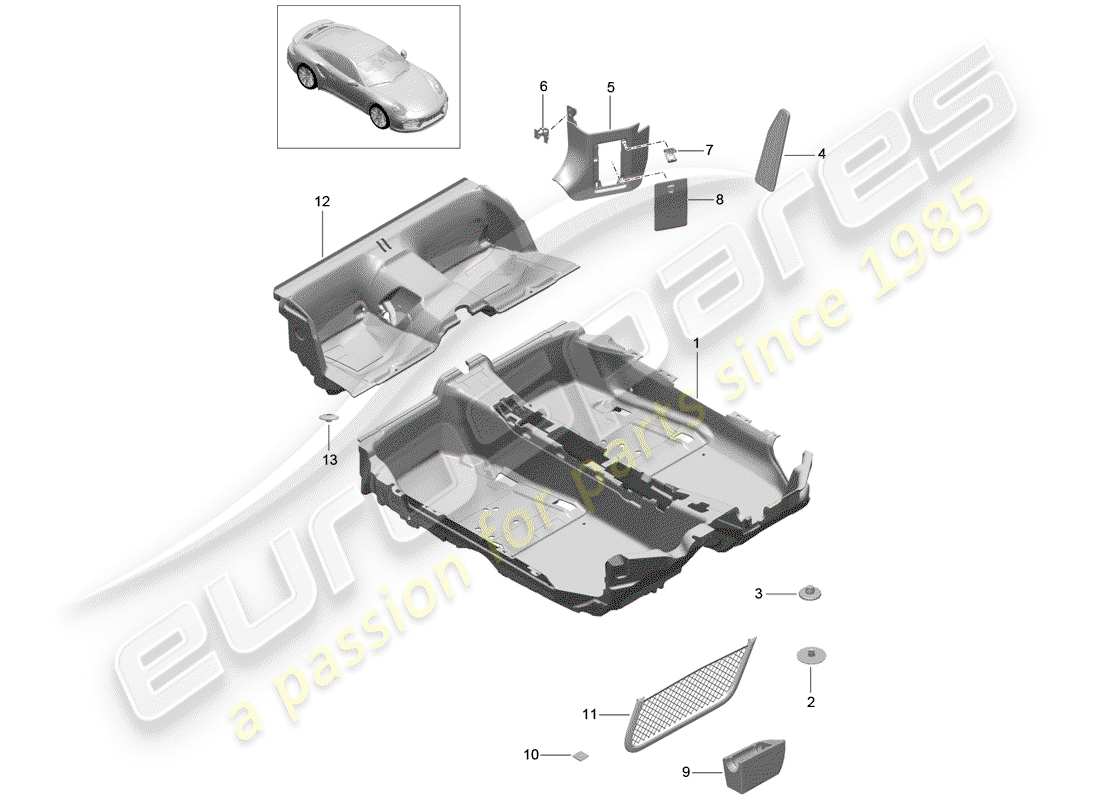 porsche 991 turbo (2020) diagrama de piezas de la cubierta del piso