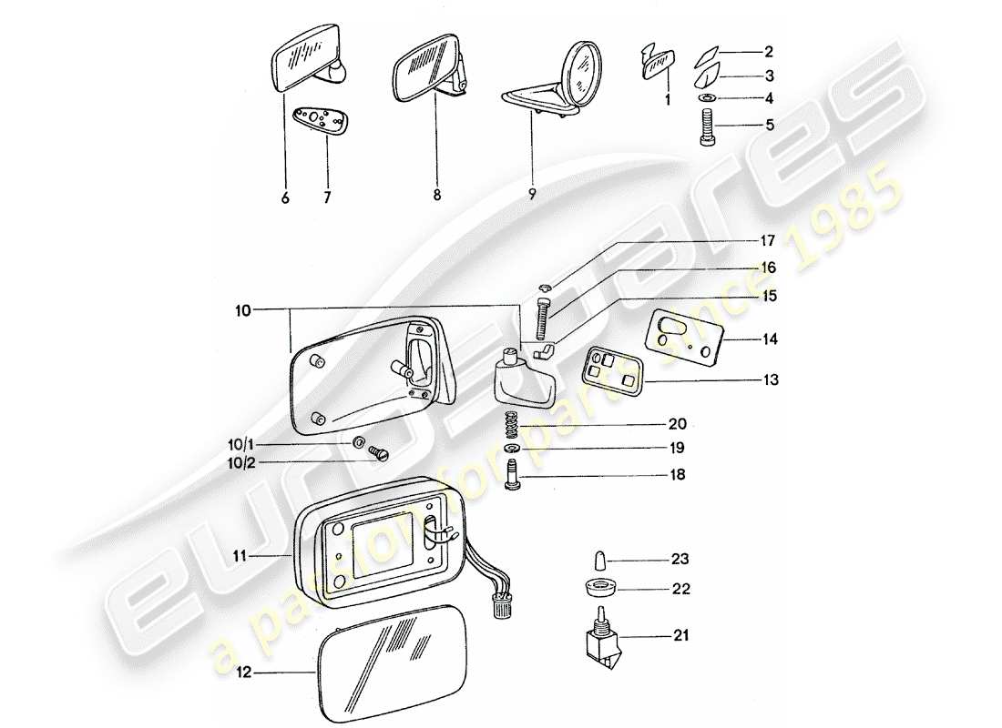 porsche 1975 (911 turbo) espejo retrovisor interior - espejo retrovisor diagrama de piezas