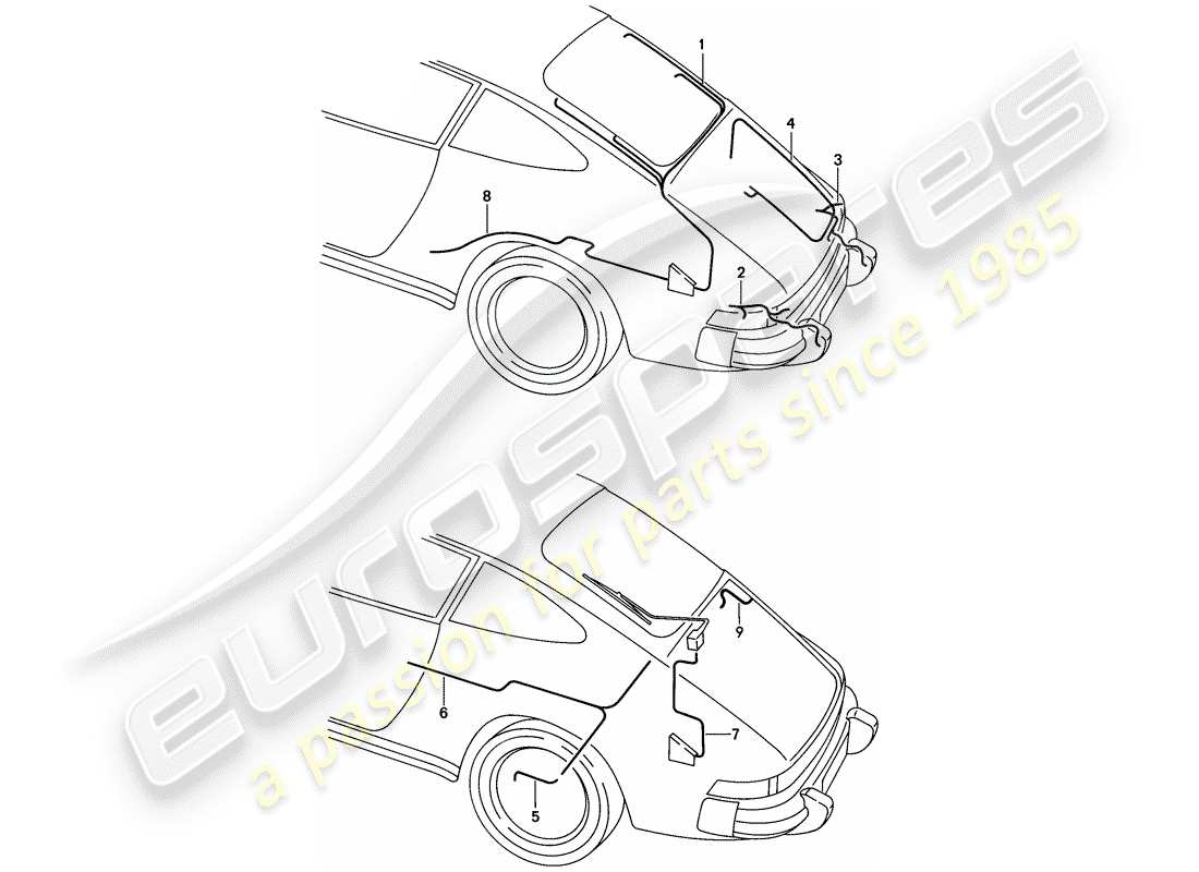 porsche 1988 (911) arneses de cableado - extremo trasero diagrama de piezas