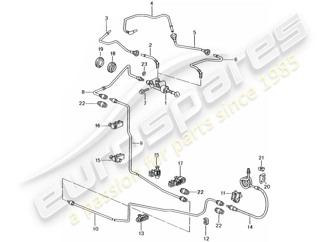 porsche 2003 (986 boxster) embrague hidráulico - funcionamiento - cilindro maestro del embrague - línea de tubo/manguera diagrama de piezas