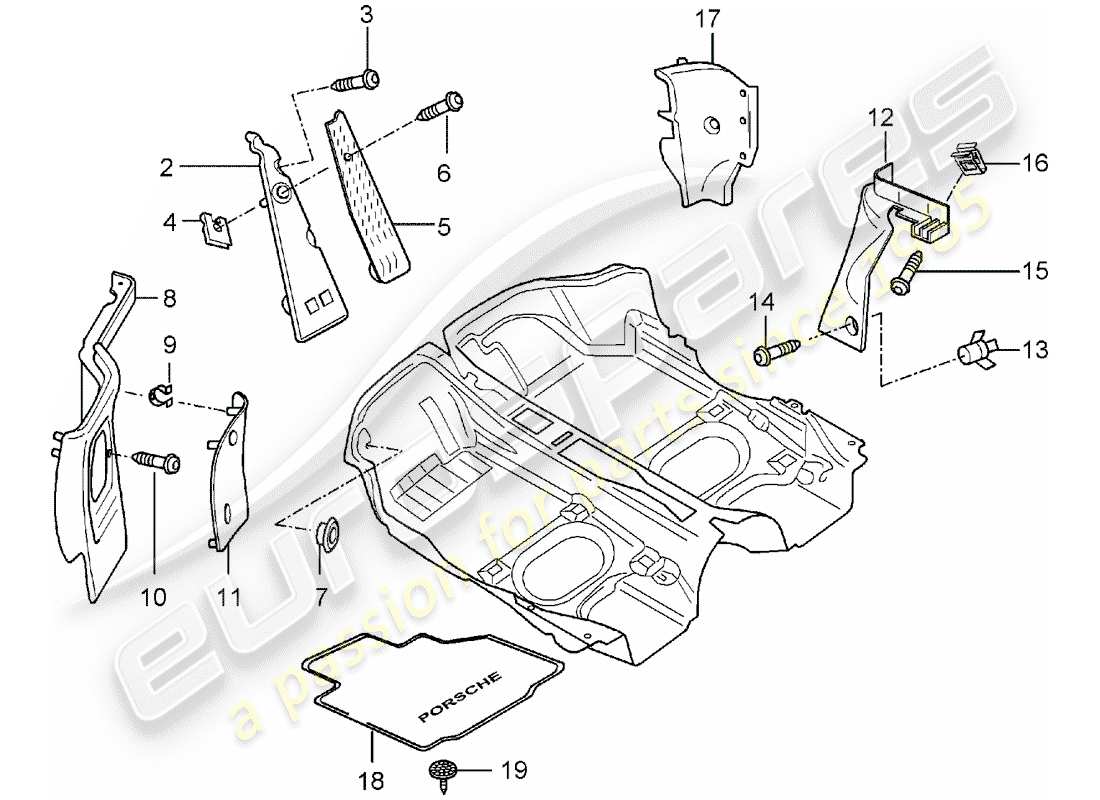 porsche 2003 (986 boxster) equipo interior - cubierta de piso - adornos diagrama de piezas