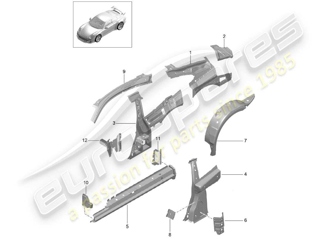 porsche 2014 (991-1 r/gt3/rs) diagrama de piezas del panel lateral